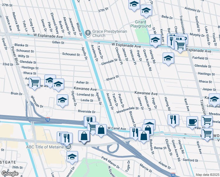 map of restaurants, bars, coffee shops, grocery stores, and more near 3800 Tartan Drive in Metairie