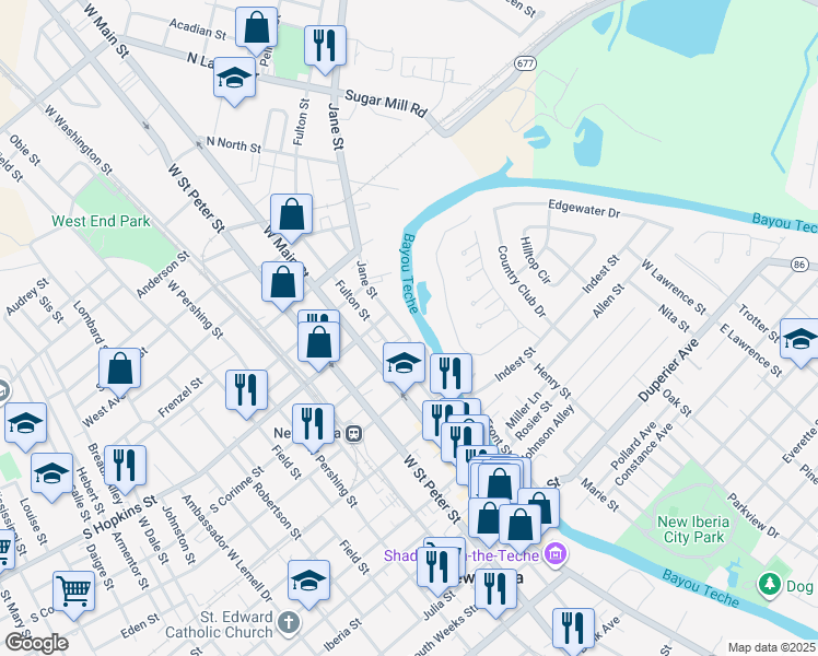 map of restaurants, bars, coffee shops, grocery stores, and more near 502 Jane Street in New Iberia