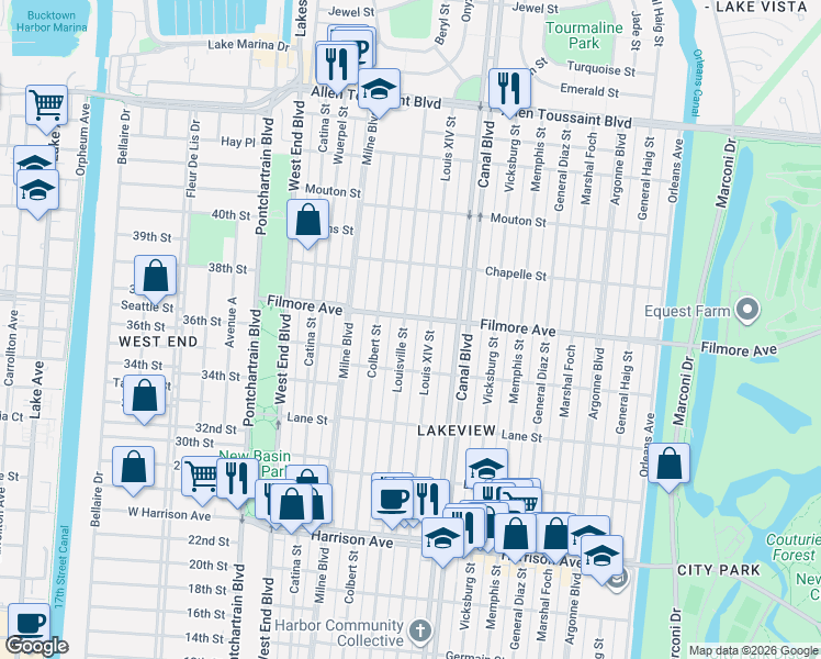 map of restaurants, bars, coffee shops, grocery stores, and more near 6659 Louisville Street in New Orleans