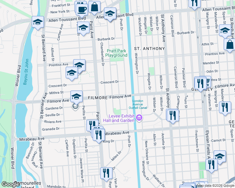 map of restaurants, bars, coffee shops, grocery stores, and more near 5350 Charlotte Drive in New Orleans