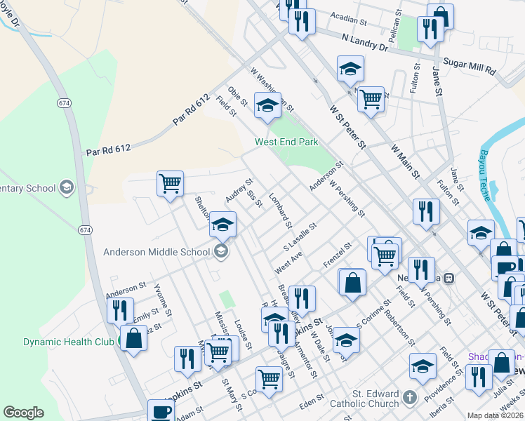 map of restaurants, bars, coffee shops, grocery stores, and more near 703 Anderson Street in New Iberia