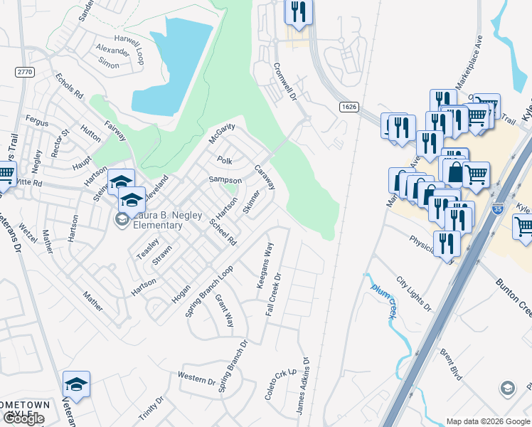 map of restaurants, bars, coffee shops, grocery stores, and more near 186 Caraway in Kyle