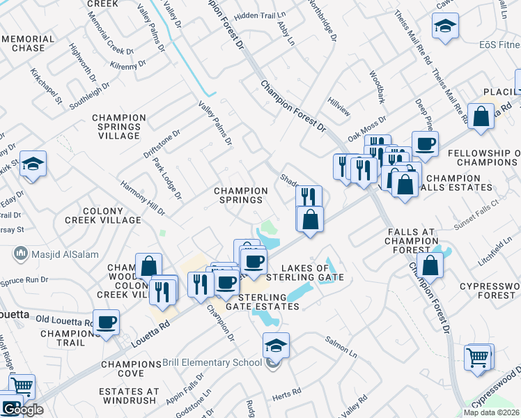 map of restaurants, bars, coffee shops, grocery stores, and more near 16914 Canyon Ridge Court in Spring