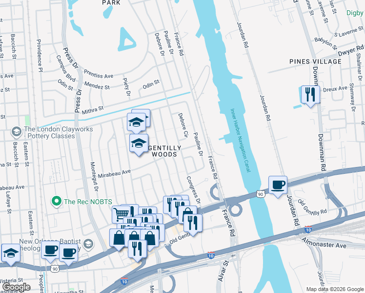 map of restaurants, bars, coffee shops, grocery stores, and more near 5015 Mirabeau Avenue in New Orleans