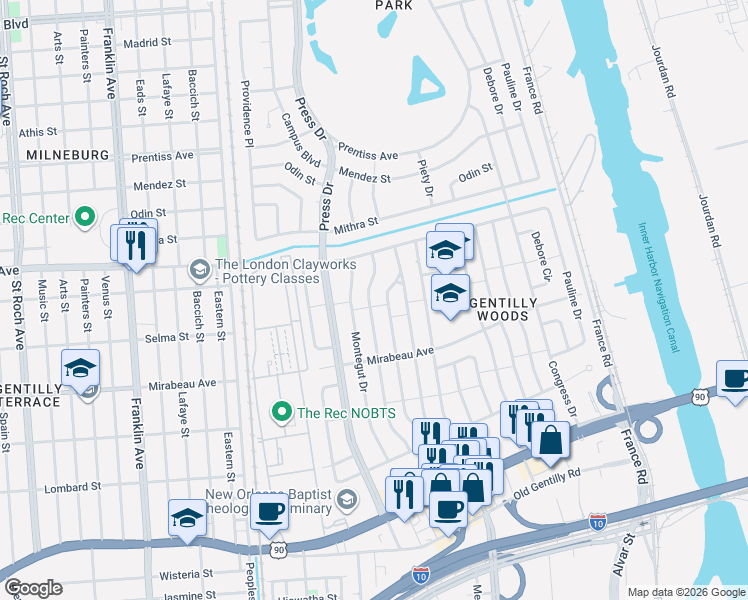 map of restaurants, bars, coffee shops, grocery stores, and more near 5109 Feliciana Drive in New Orleans