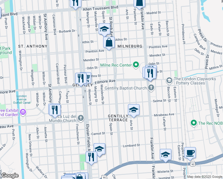 map of restaurants, bars, coffee shops, grocery stores, and more near 2323 Dreux Avenue in New Orleans