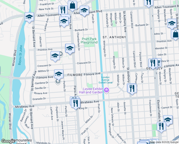 map of restaurants, bars, coffee shops, grocery stores, and more near 5350 Charlotte Drive in New Orleans