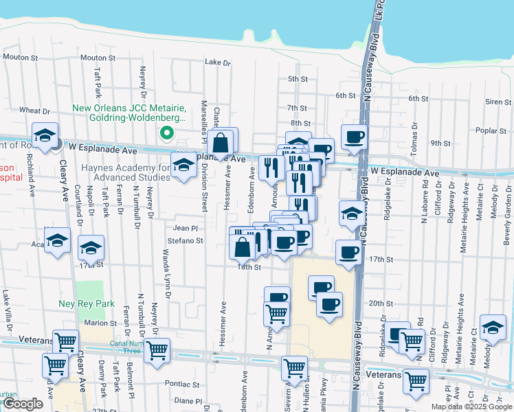 map of restaurants, bars, coffee shops, grocery stores, and more near 3440 Edenborn Avenue in Metairie