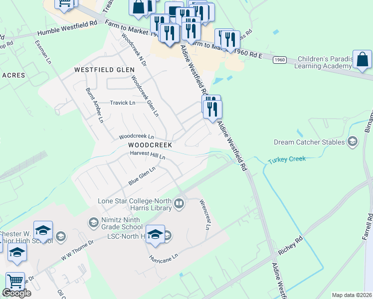 map of restaurants, bars, coffee shops, grocery stores, and more near 3022 Greenbriar Springs Drive in Houston