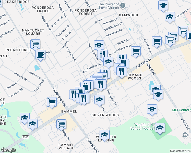 map of restaurants, bars, coffee shops, grocery stores, and more near 17050 Amarose Drive in Houston