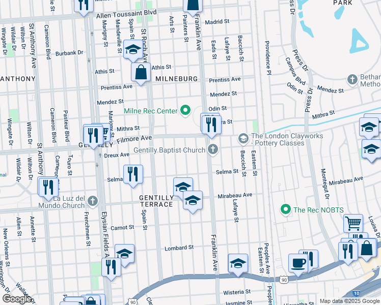 map of restaurants, bars, coffee shops, grocery stores, and more near 2512 Dreux Avenue in New Orleans