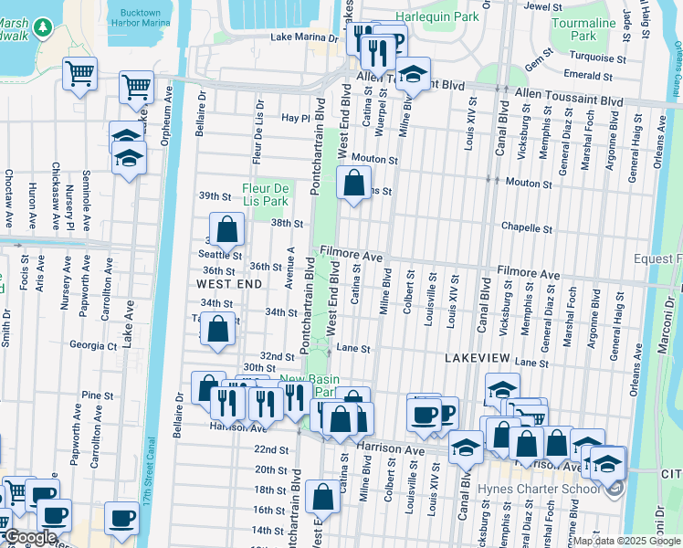 map of restaurants, bars, coffee shops, grocery stores, and more near 6619 West End Boulevard in New Orleans