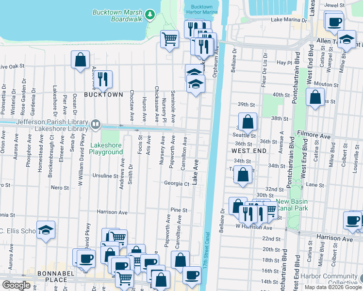 map of restaurants, bars, coffee shops, grocery stores, and more near 214 Chestnut Street in Metairie