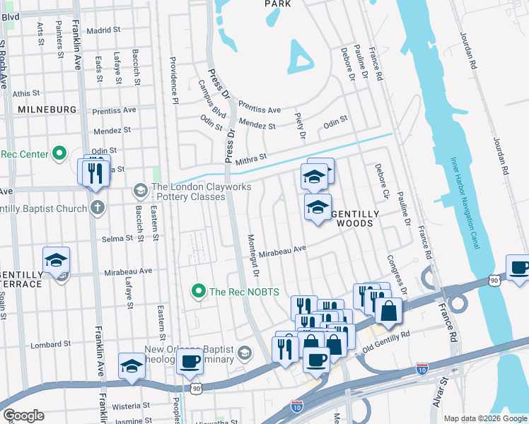 map of restaurants, bars, coffee shops, grocery stores, and more near 5109 Feliciana Drive in New Orleans