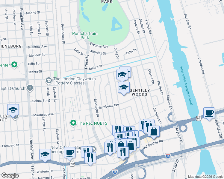 map of restaurants, bars, coffee shops, grocery stores, and more near 5101 Metropolitan Drive in New Orleans