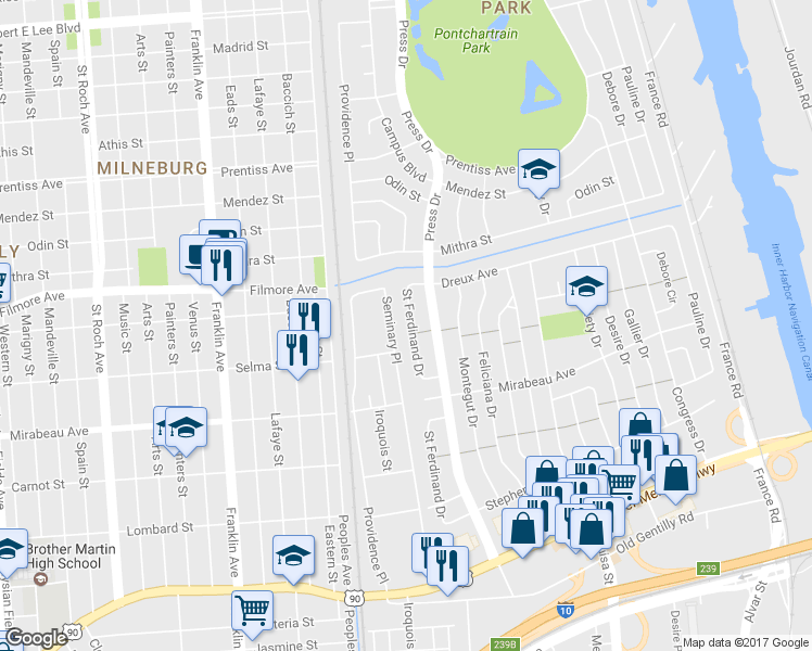 map of restaurants, bars, coffee shops, grocery stores, and more near 5114 Saint Ferdinand Drive in New Orleans