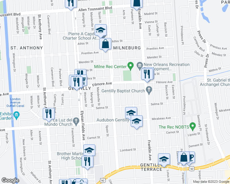 map of restaurants, bars, coffee shops, grocery stores, and more near 2410 Dreux Avenue in New Orleans
