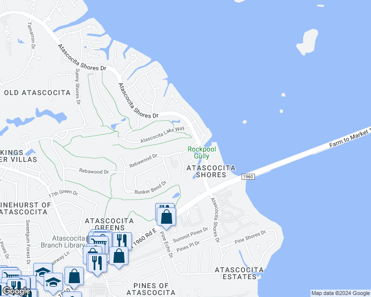 map of restaurants, bars, coffee shops, grocery stores, and more near 8519 Rebawood Drive in Humble