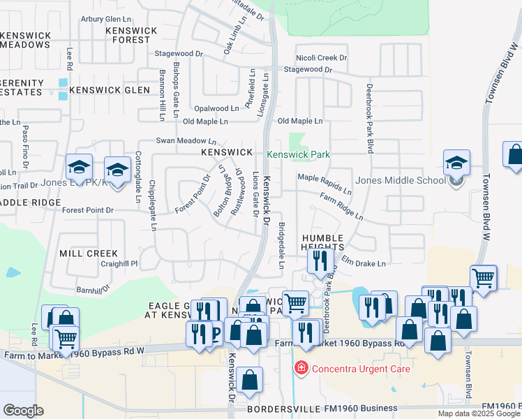map of restaurants, bars, coffee shops, grocery stores, and more near 19930 Lions Gate Drive in Humble