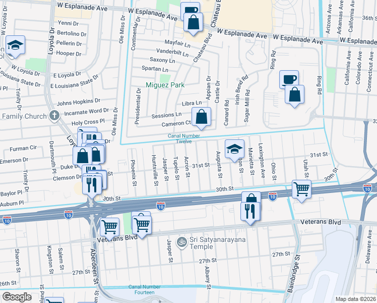 map of restaurants, bars, coffee shops, grocery stores, and more near 3126 Acron Street in Kenner