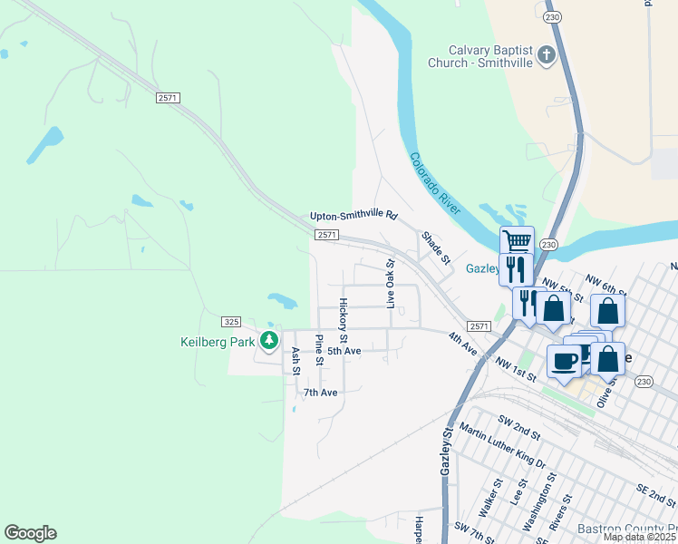 map of restaurants, bars, coffee shops, grocery stores, and more near 104 Hickory Street in Smithville