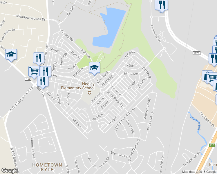 map of restaurants, bars, coffee shops, grocery stores, and more near 437 Sampson Road in Kyle