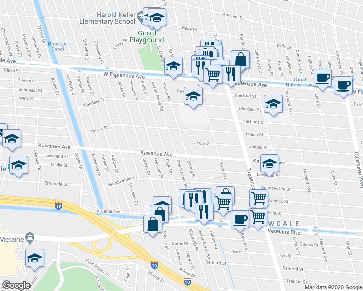 map of restaurants, bars, coffee shops, grocery stores, and more near 3816 Haring Road in Metairie