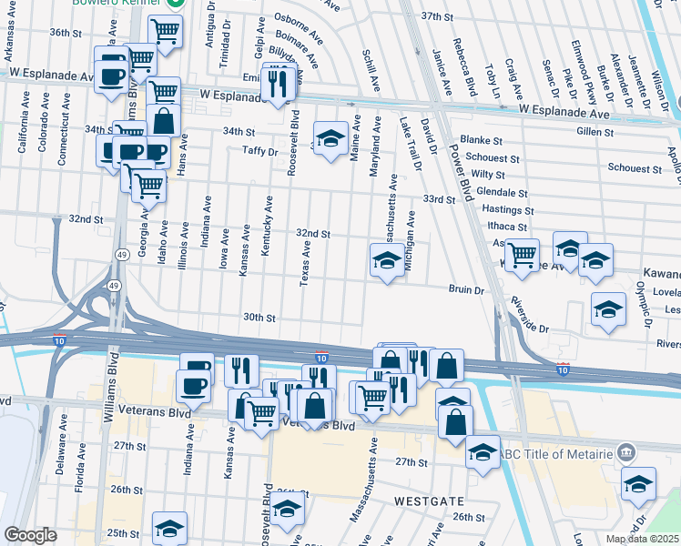 map of restaurants, bars, coffee shops, grocery stores, and more near 3105 Maine Avenue in Kenner