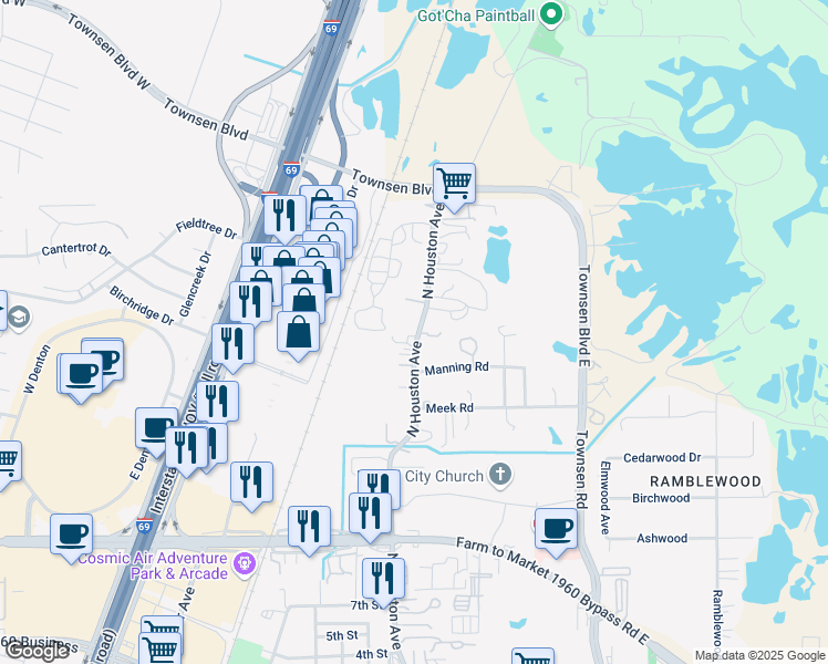 map of restaurants, bars, coffee shops, grocery stores, and more near 1727 North Houston Avenue in Humble