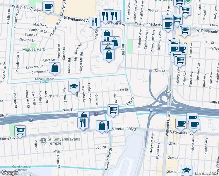 map of restaurants, bars, coffee shops, grocery stores, and more near 3122 Washington Street in Kenner