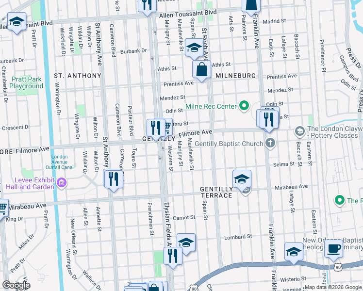 map of restaurants, bars, coffee shops, grocery stores, and more near 2251 Dreux Avenue in New Orleans