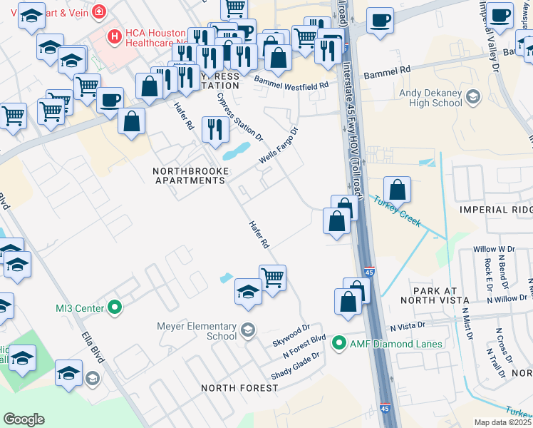 map of restaurants, bars, coffee shops, grocery stores, and more near 1902 Cypress Station Drive in Houston