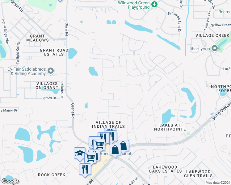 map of restaurants, bars, coffee shops, grocery stores, and more near 14422 Sioux Run in Cypress