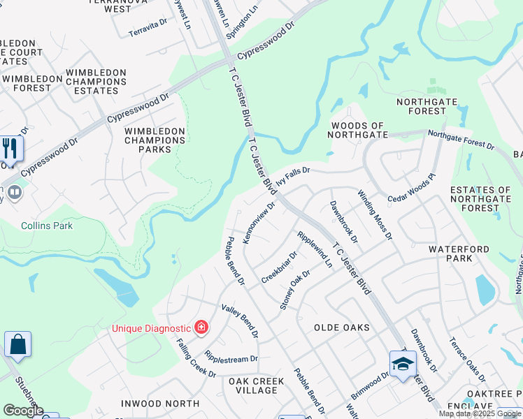 map of restaurants, bars, coffee shops, grocery stores, and more near 3418 Kennonview Drive in Houston