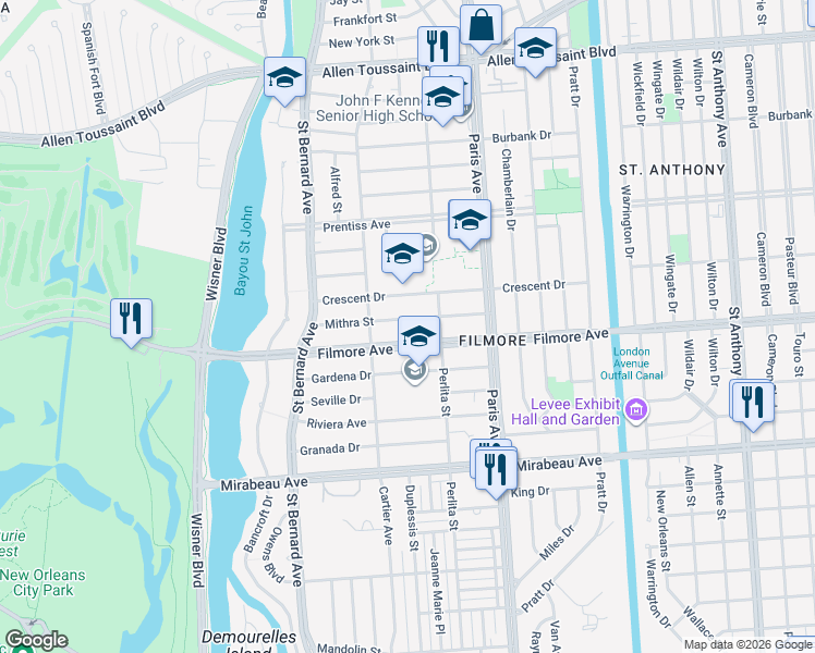 map of restaurants, bars, coffee shops, grocery stores, and more near 1470 Mithra Street in New Orleans