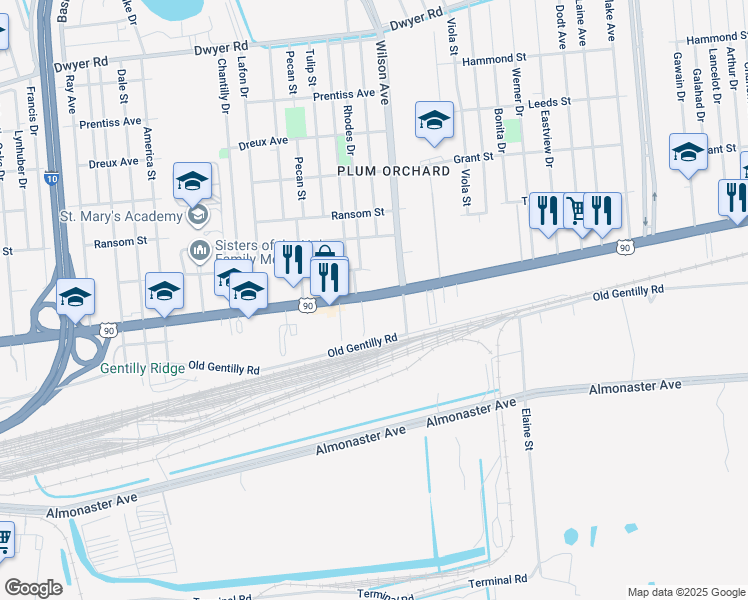 map of restaurants, bars, coffee shops, grocery stores, and more near 7500 U.S. 90 in New Orleans