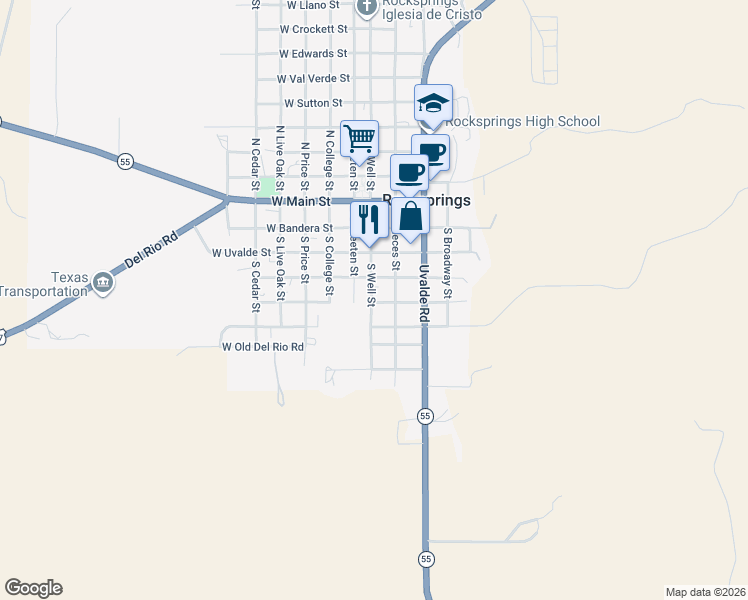 map of restaurants, bars, coffee shops, grocery stores, and more near 500 South Well Street in Rocksprings