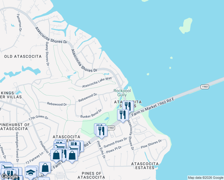 map of restaurants, bars, coffee shops, grocery stores, and more near 8519 Rebawood Drive in Humble