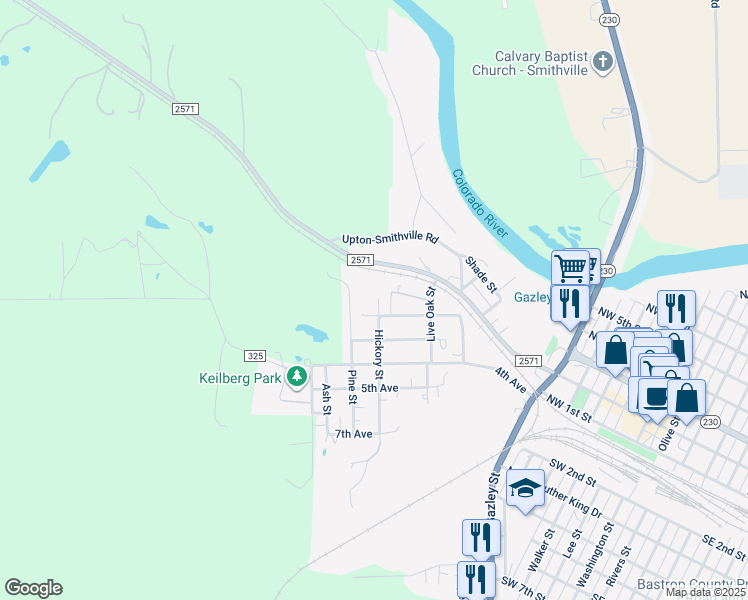 map of restaurants, bars, coffee shops, grocery stores, and more near 104 Hickory Street in Smithville