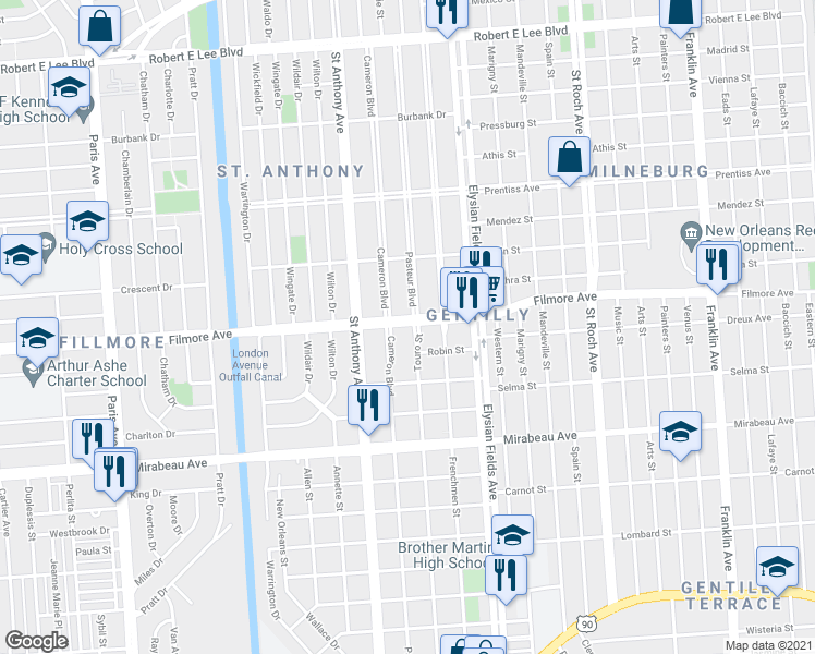 map of restaurants, bars, coffee shops, grocery stores, and more near 5240 Pasteur Boulevard in New Orleans