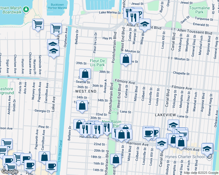 map of restaurants, bars, coffee shops, grocery stores, and more near 106 36th Street in New Orleans