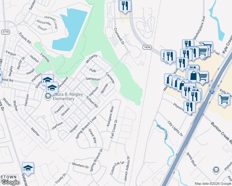 map of restaurants, bars, coffee shops, grocery stores, and more near 186 Caraway in Kyle