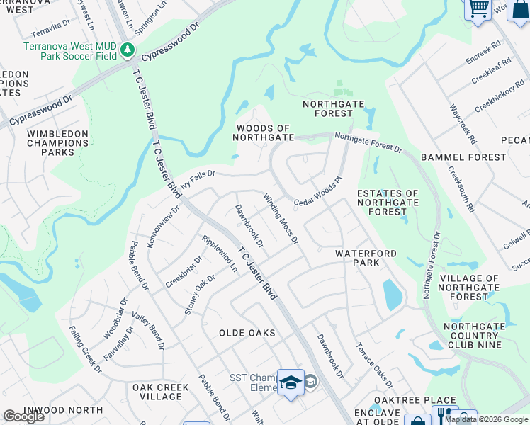 map of restaurants, bars, coffee shops, grocery stores, and more near 15618 Banty Falls Court in Houston