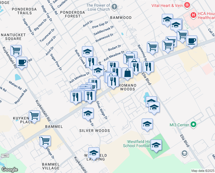 map of restaurants, bars, coffee shops, grocery stores, and more near 1700 Farm to Market 1960 Road West in Houston