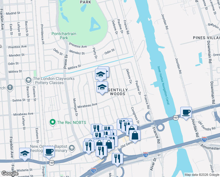 map of restaurants, bars, coffee shops, grocery stores, and more near 4943 Piety Drive in New Orleans