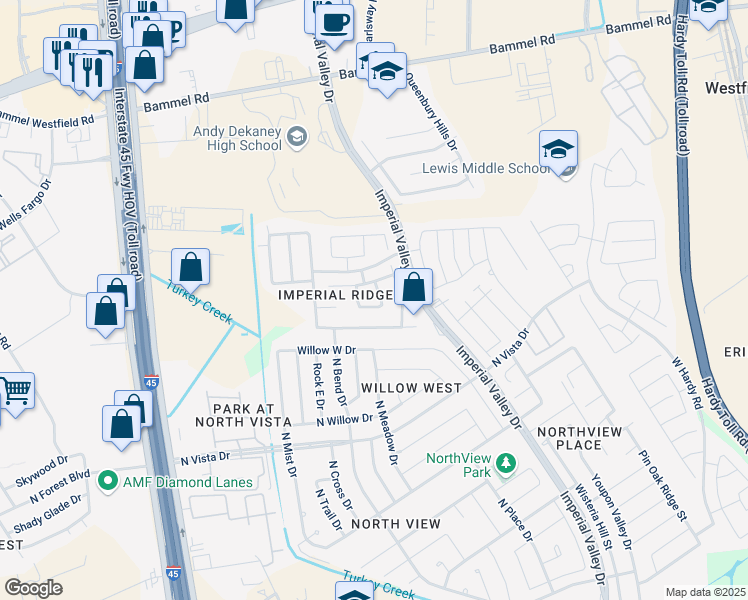 map of restaurants, bars, coffee shops, grocery stores, and more near 16815 Perryton Lane in Houston