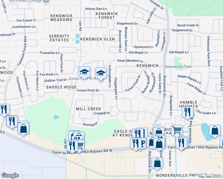 map of restaurants, bars, coffee shops, grocery stores, and more near 20002 Cottonglade Lane in Humble
