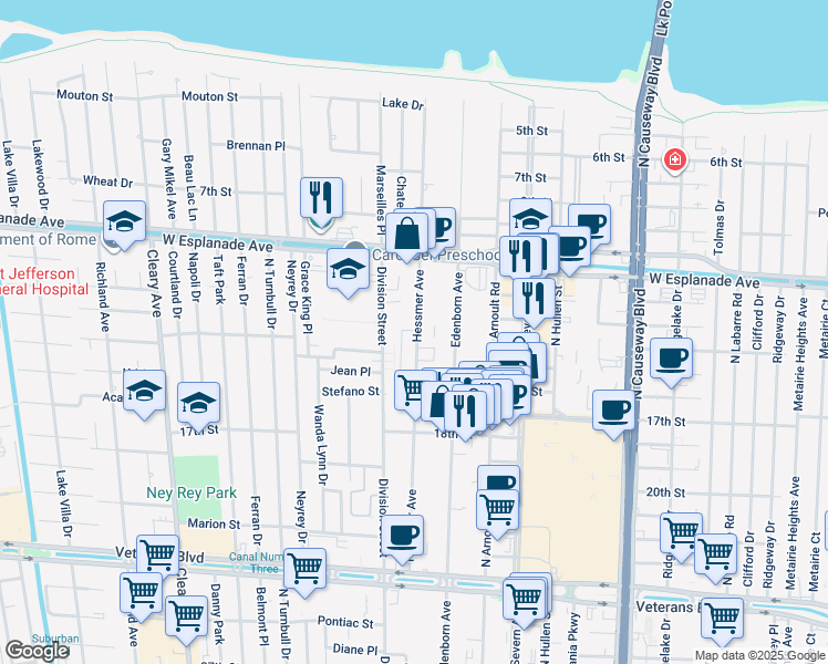 map of restaurants, bars, coffee shops, grocery stores, and more near 4202 Hessmer Avenue in Metairie