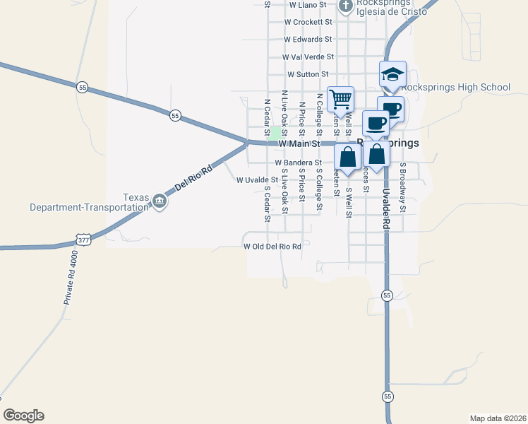 map of restaurants, bars, coffee shops, grocery stores, and more near 406 North Cedar Street in Rocksprings