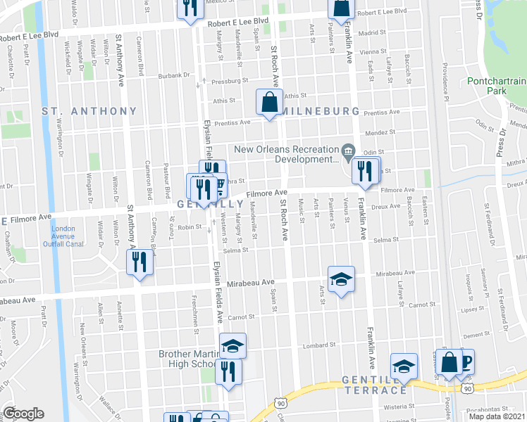 map of restaurants, bars, coffee shops, grocery stores, and more near 2323 Dreux Avenue in New Orleans